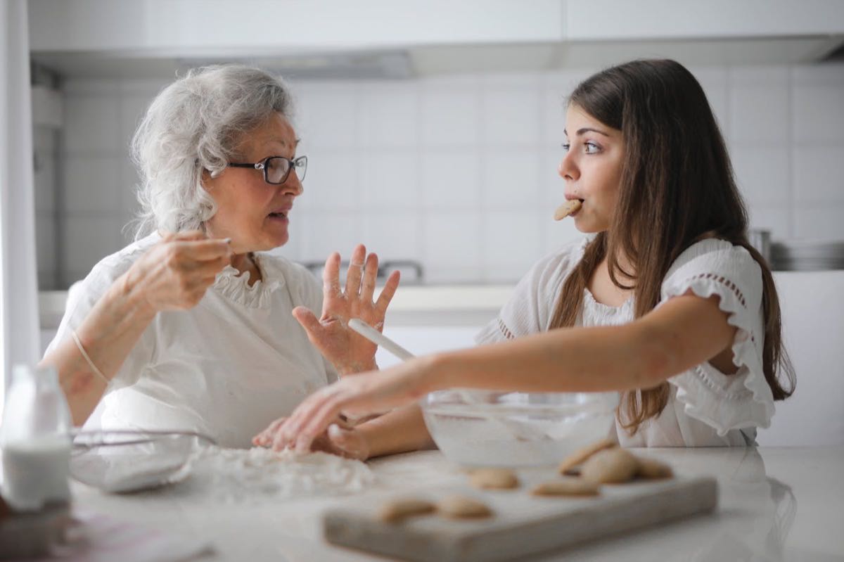 Family discussing finances together